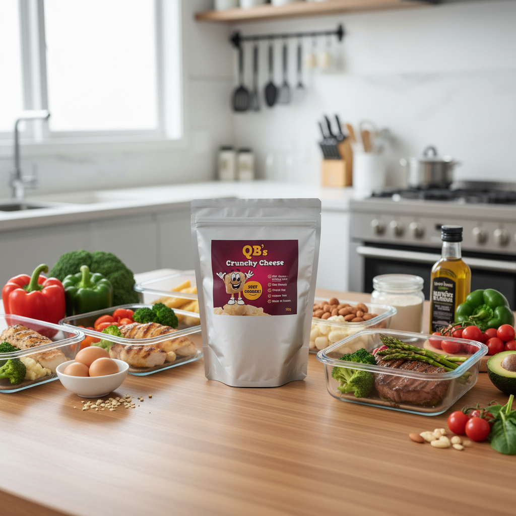 Package of QB's Crunchy Cheese on a wooden surface