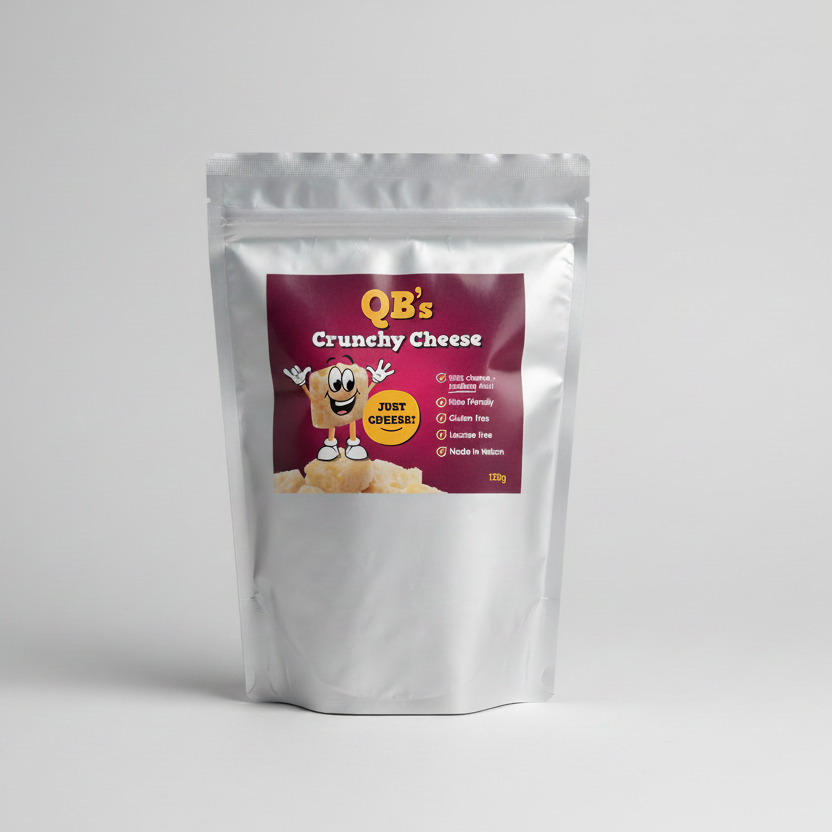 Large 120g pack of QB's Crunchy Cheese, a gluten-free and lactose-free snack made in New Zealand.