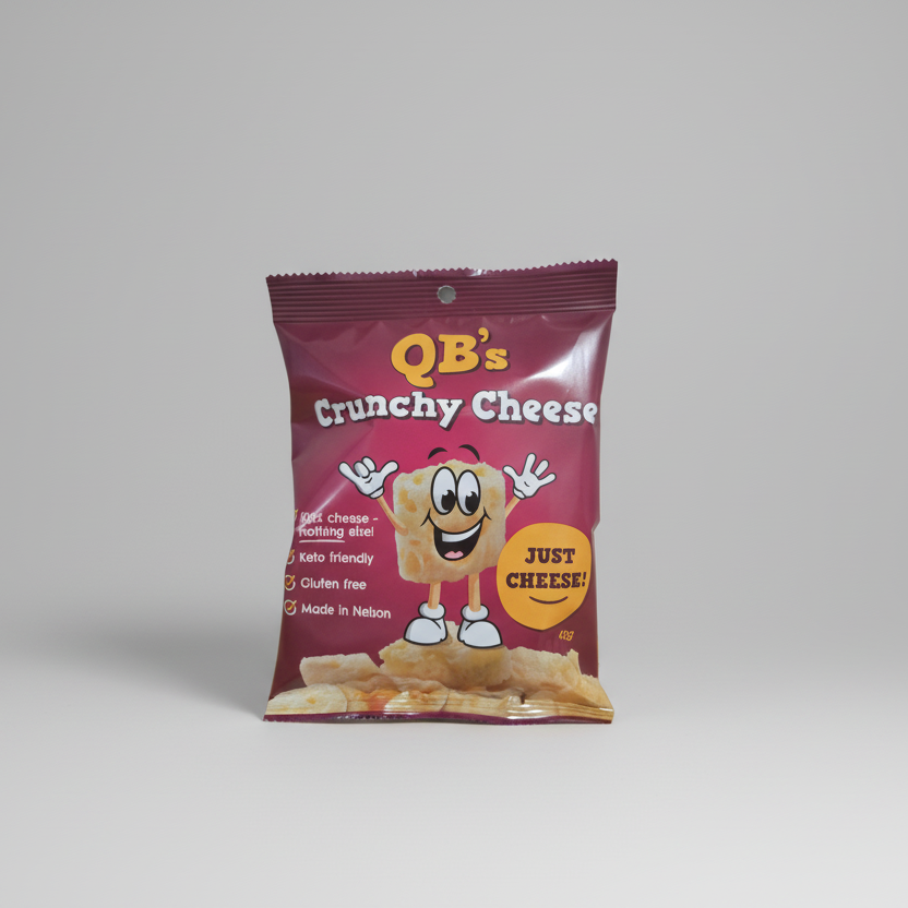 QB’s Crunchy Cheese 40g snack bag, a high-protein and lactose-free keto snack made in Nelson, New Zealand.