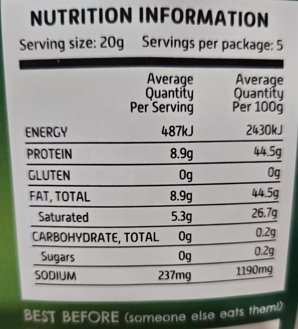 Nutrition label on QB's Crunchy cheese Stix 100g pack