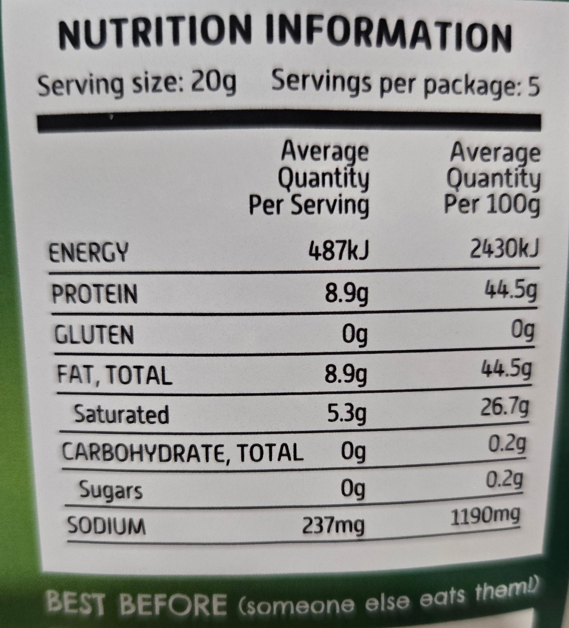 Nutrition label on QB's Crunchy cheese Stix 100g pack