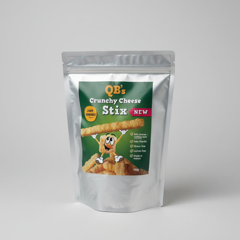 A pack of QB's Crunchy Cheese Stix, 100% cheese snack that is keto-friendly and gluten-free